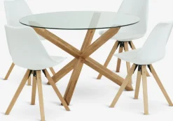 AGERBY + BLOKHUSMesa AGERBY Ø119 roble natural + 4 sillas BLOKHUS blanco