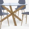 AGERBY + JONSTRUPMesa AGERBY Ø119 roble natural +4 sillas JONSTRUP azul claro