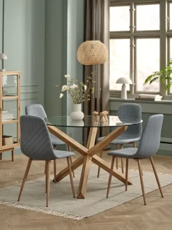 AGERBY + JONSTRUPMesa AGERBY Ø119 roble natural +4 sillas JONSTRUP azul claro