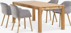 HAGE + ADSLEVMesa HAGE L190 roble natural+4 sillas ADSLEV terciopelo gris