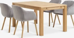 HAGE + ADSLEVMesa HAGE L150 roble natural+4 sillas ADSLEV terciopelo gris