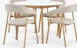 JEGIND + EJSINGMesa JEGIND Ø105 blanco + 4 sillas EJSING beis/roble natural