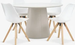 KLIPLEV + BLOKHUSMesa KLIPLEV Ø120 travertino + 4 sillas BLOKHUS blanco
