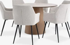 KLIPLEV + PURHUSMesa KLIPLEV Ø120 roble natural+4 sillas PURHUS blanco crudo