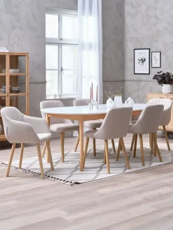 MARSTRAND + ADSLEVMesa MARSTRAND L200/280 blanco + 4 sillas ADSLEV beis