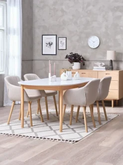 MARSTRAND + ADSLEVMesa MARSTRAND L200/280 blanco + 4 sillas ADSLEV beis