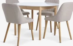 MARSTRAND + ADSLEVMesa MARSTRAND Ø110 blanco + 4 sillas ADSLEV beis