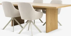 MUNKEBY + ROSTRUPMesa MUNKEBY L220 roble cálido + 4 sillas ROSTRUP beis