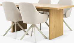 MUNKEBY + ROSTRUPMesa MUNKEBY L180 roble cálido + 4 sillas ROSTRUP beis