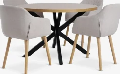 NORTOFT + ADSLEVMesa NORTOFT Ø120 roble cálido + 4 sillas ADSLEV beis