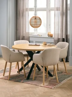 NORTOFT + ADSLEVMesa NORTOFT Ø120 roble cálido + 4 sillas ADSLEV beis
