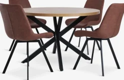NORTOFT + HYGUMMesa NORTOFT Ø120 roble cálido + 4 sillas HYGUM marrón/negro