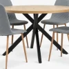 NORTOFT + JONSTRUPMesa NORTOFT Ø120 roble cálido +4 sillas JONSTRUP azul claro