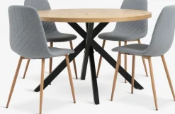 NORTOFT + JONSTRUPMesa NORTOFT Ø120 roble cálido +4 sillas JONSTRUP azul claro