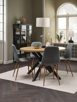 NORTOFT + JONSTRUPMesa NORTOFT Ø120 roble cálido +4 sillas JONSTRUP azul claro